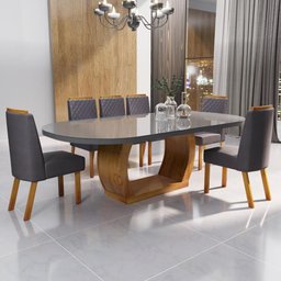 Sala de Jantar 196x90 MDF/Vidro 6 Cadeiras Mel Bom Pastor - 1