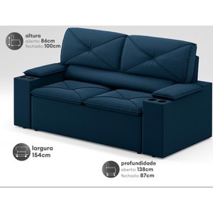 Sofá com Porta Copos Retrátil e Reclinável Pop 1,54m Velosuede Petroleo - Netsofas