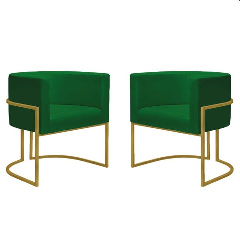 Kit 2 Poltronas Reforçadas Decorativa Sala Nayara Base Ferro Dourado Suede Verde
