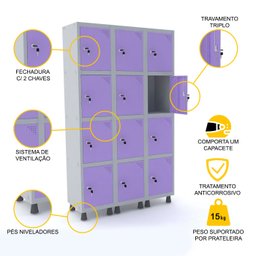 ROUPEIRO DE AÇO 3M 12 PORTAS FECHADURA PANDIN - CINZA/LILÁS GRF 503/12 DI - 3
