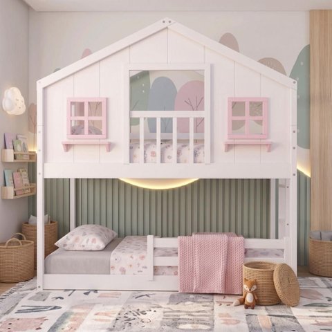 Beliche Infantil Montessori com Varanda e Grade Proteção Casinha Dos Sonhos Madeira Maciça Branco