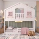 Ver imagem 1 de Beliche Infantil Montessori com Varanda e Grade Proteção Casinha Dos Sonhos Madeira Maciça Branco
