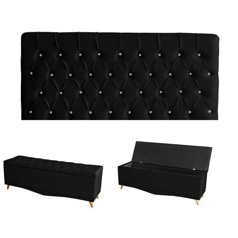 Kit Estrela Cabeceira de Cama Painel e Calçadeira Baú Botão Cristal King 195 Cm Suede Preto do Lar M