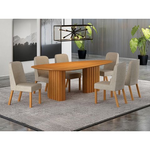 Conjunto Jantar 6 Cadeiras Maciça 2x1 Iza - Arbo Design- Cinamomo Linho Bege