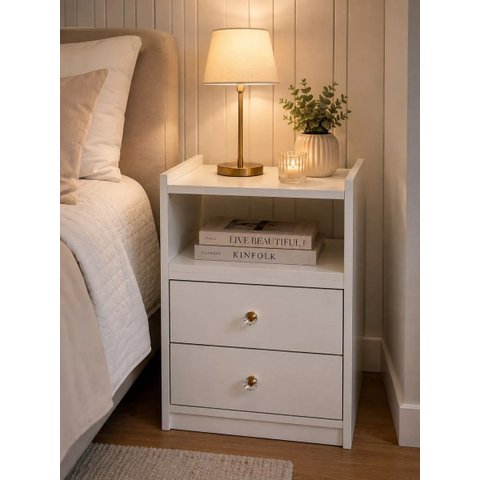 Mesa de Cabeceira Cristal Luxo com Duas Gavetas Quarto Fosco Branco