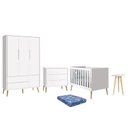 Ver imagem 1 de Dormitório Infantil Theo Retrô 3 Portas, Cômoda, Berço, Mesa de Apoio Branco Fosco com Pés Madeira N