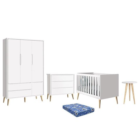 Dormitório Infantil Theo Retrô 3 Portas, Cômoda, Berço, Mesa de Apoio Branco Fosco com Pés Madeira N
