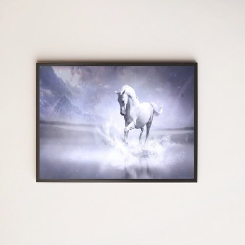 Quadro Decorativo Cavalo Branco 24x18cm - com vidro:Madeira preta