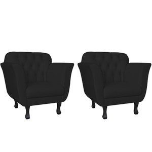 Kit 2 Poltronas Decorativa Couro Preto Pés Madeira Ms Decor