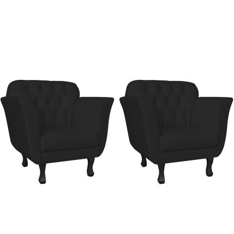 Kit 2 Poltronas Decorativa Couro Preto Pés Madeira Ms Decor