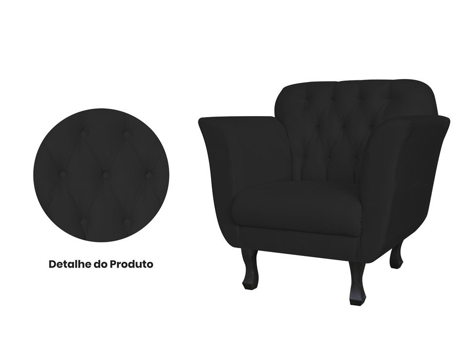 Kit 2 Poltronas Decorativa Couro Preto Pés Madeira Ms Decor - 2