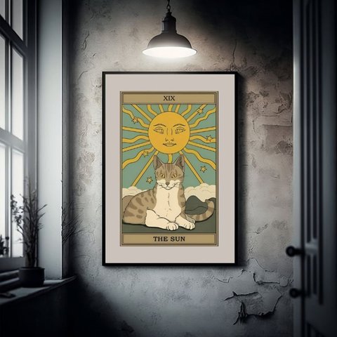 Quadro Carta Tarot Gato The Sun - 60x48cm:madeira Branca