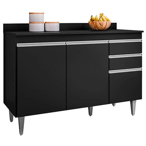 Balcao com Tampo 3 Portas 2 Gavetas Bp 120 Cm Melissa Eratto Moveis - Preto