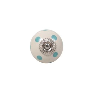 Puxador Redondo Branco C/ Poá Turquesa em Cerâmica 5x5x8 Cm