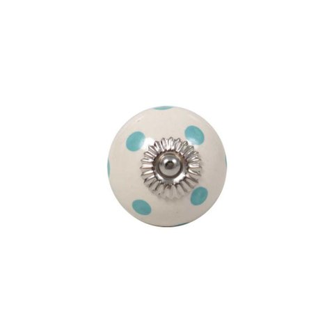 Puxador Redondo Branco C/ Poá Turquesa em Cerâmica 5x5x8 Cm