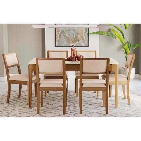 Conjunto: Mesa Sala Jantar Mira Tampo Madeirado C/ Vidro 90x160cm e 6 Cadeiras Alice Carvalho/off