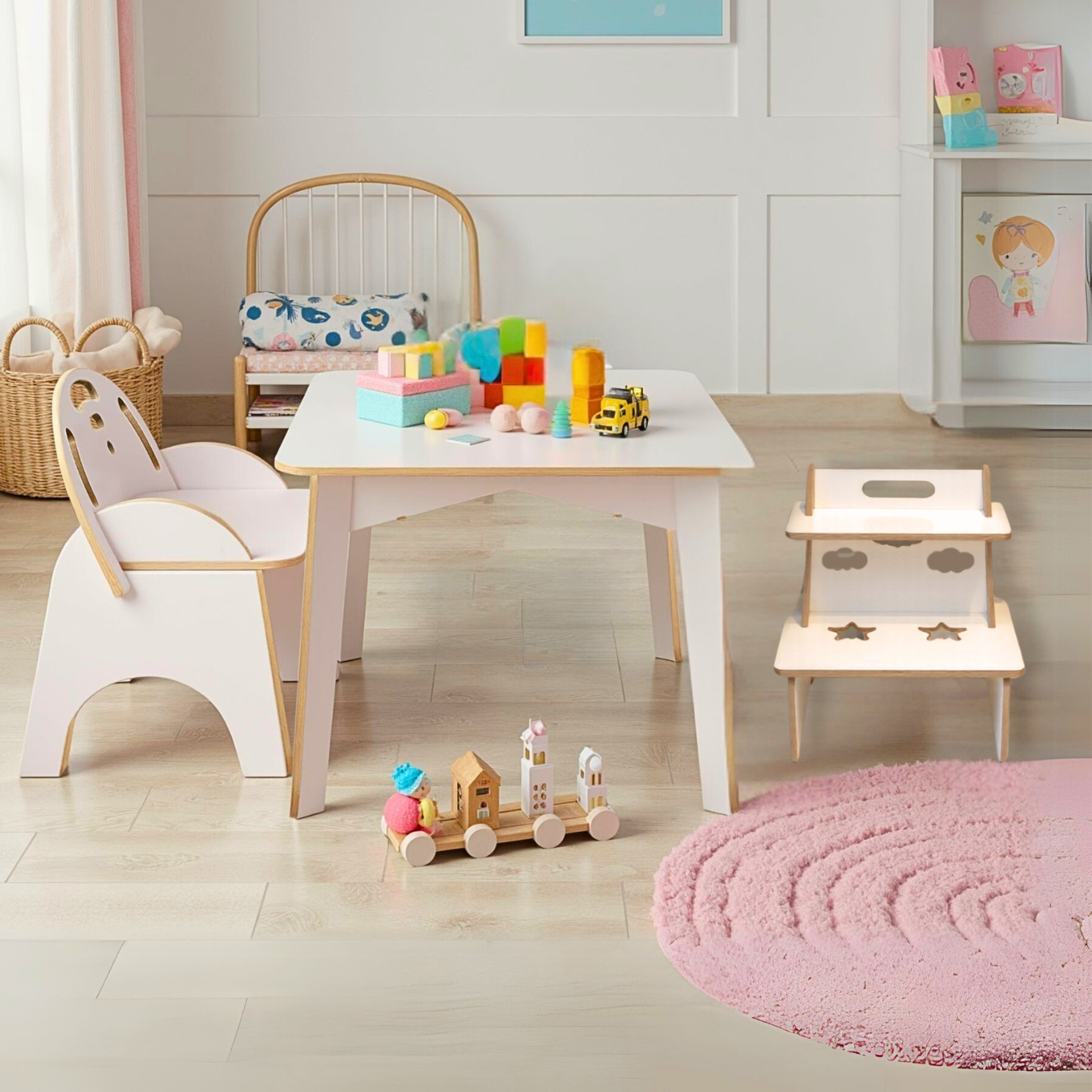 Ogo Mesa Didática para Criança com Cadeirinha Escadinha Infantil Multifuncional em Mdf Reforçada