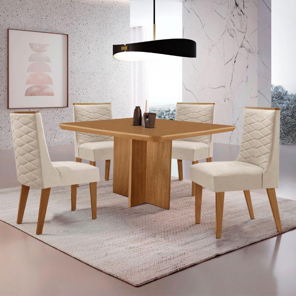 Mesa Olimpia 90 Mdf com 4 Cadeiras Safira Veludo Creme/naturalle/naturalle - 1