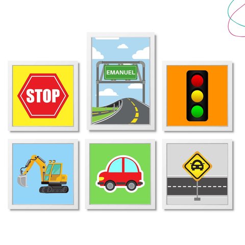 Kit com 6 Quadros Decorativos do Tema Carros: Branca