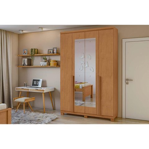 Guarda Roupa 4 Portas e 2 Gavetas C/ Espelho e Pés Alonzo Amendoa Clean - Lopas