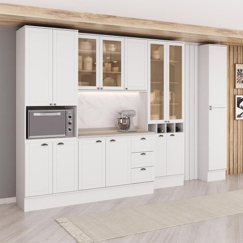 Cozinha Milla Mona 15 Portas 3 Gavetas MDF 350cm Branco Móveis Carraro