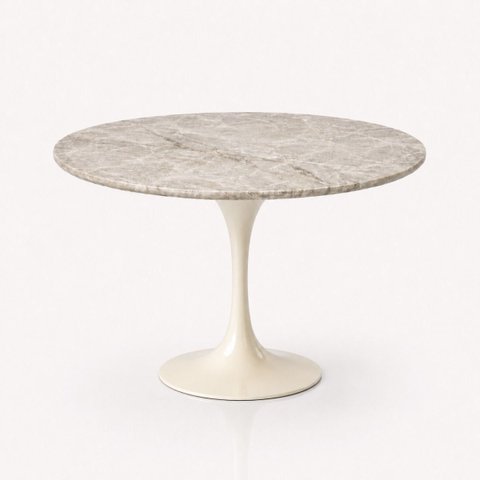 Mesa de Jantar Saarinen Redondo 90 cm Tampo Mármore Taj Mahal Base Laca Off White