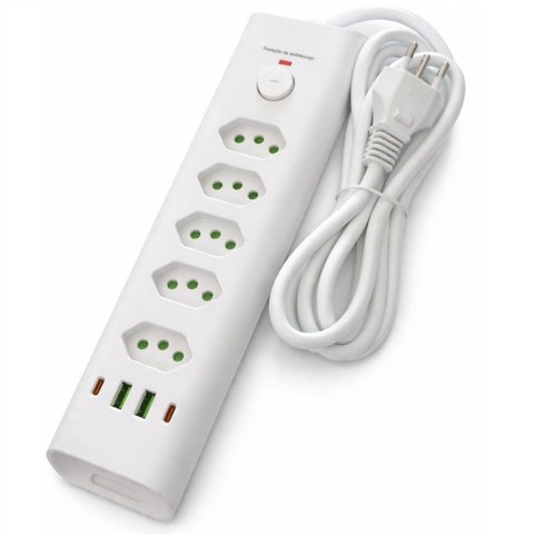 Filtro de Linha com 5 Tomadas 10a 20a + Dps, Extensão Elétrica Bivolt Tripolar, Regua com 4 Usb, Usb