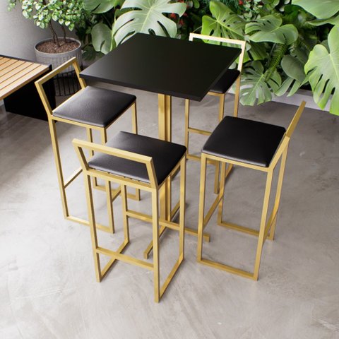 Jogo Mesa Alta Bistrô Quadrada Preta 4 Banquetas Estofado Confort Ind Dourado Don Castro