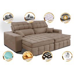 Sofá Retrátil e Reclinável 1,80M Molas Ensacadas e Costura Tripla Cama Inbox Nobre Suede Bege - 3