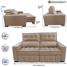 Sofá Retrátil e Reclinável 1,80M Molas Ensacadas e Costura Tripla Cama Inbox Nobre Suede Bege - 2