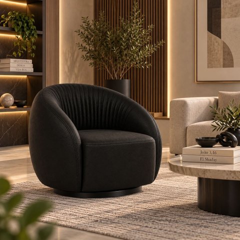 Poltrona Giratória 360° Orgânica Bouclé Sala Recepção Nuvem:Courino Sintético/ Preto