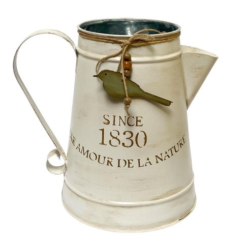 Vaso Jarro Decor de Metal Provençal Bege com Pássaro 22 Cm