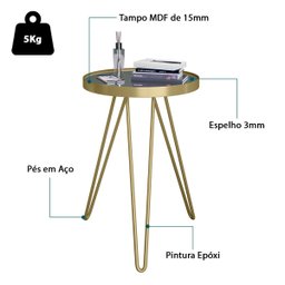 Mesa Lateral Tripé Linea em Aço Estilo Industrial Tampo Redondo com Espelho - Dourado - Lh Móveis - 3
