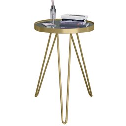 Mesa Lateral Tripé Linea em Aço Estilo Industrial Tampo Redondo com Espelho - Dourado - Lh Móveis - 1