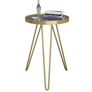 Mesa Lateral Tripé Linea em Aço Estilo Industrial Tampo Redondo com Espelho - Dourado - Lh Móveis