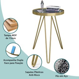 Mesa Lateral Tripé Linea em Aço Estilo Industrial Tampo Redondo com Espelho - Dourado - Lh Móveis - 4