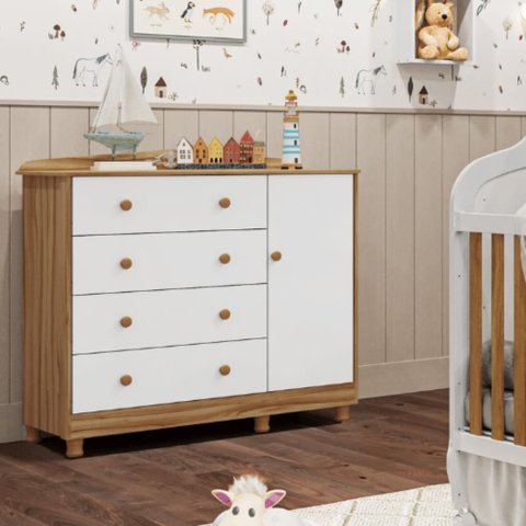 Cômoda Infantil Elô Peroba Branco Amêndoa 4 Gavetas 1 Porta