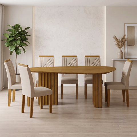Conjunto Sala de Jantar 6 Lugares com Tampo Orgânico Isis Bege