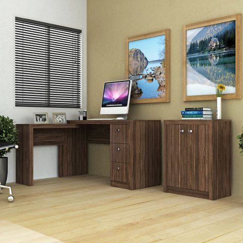 Conjunto de Escritório com Escrivaninha 02 pç CJ43018-021 Tecno Móbili - Tecno Móbili Nogal