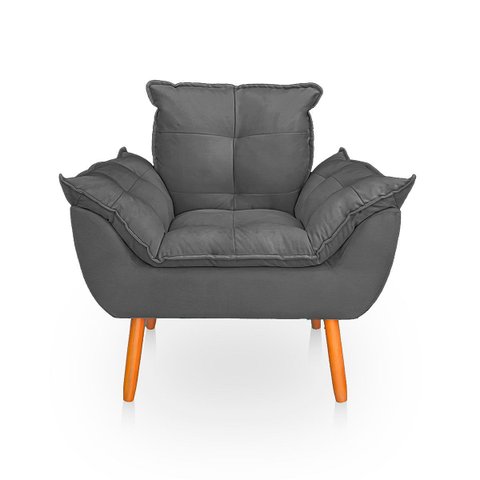 Poltrona Opala Cinza Suede Decorativa para Sala Escritório Biselos-Decor