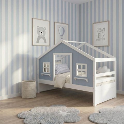 Cama Casinha Dos Sonhos Madeira Maciça Branco/ Azul Housin