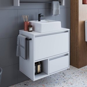 Gabinete de Banheiro Suspenso 60cm com 1 Nicho 1 Toalheiro 1 Porta e 1 Gaveta com Cuba