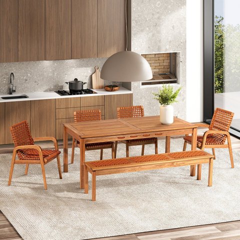 Conjunto 4 Cadeiras 1 Banco 1 Mesa 180cm - Varanda Coberta/Área Gourmet Traço Laranja/Stain Jatobá/C
