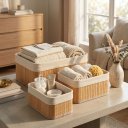 Ver imagem 5 de Kit Cesto Organizador de Bambu e Tecido Multiuso para Banheiro Closet e Cozinha
