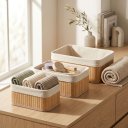 Ver imagem 3 de Kit Cesto Organizador de Bambu e Tecido Multiuso para Banheiro Closet e Cozinha