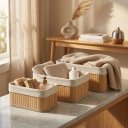 Ver imagem 2 de Kit Cesto Organizador de Bambu e Tecido Multiuso para Banheiro Closet e Cozinha