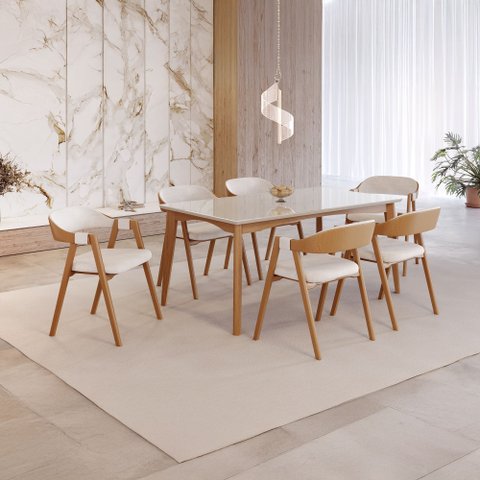 Conjunto Sala de Jantar com Tampo de Vidro Monalisa 6 Cadeiras Gaia Yescasa Bege/Mel/Off White/Nude