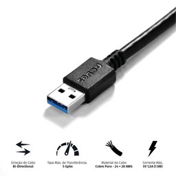 Cabo para Hd Externo Usb a 3.0 Macho para Micro Usb B 3.0 (10 Pinos) Macho 28awg Puro Cobre 1 Metro - 3