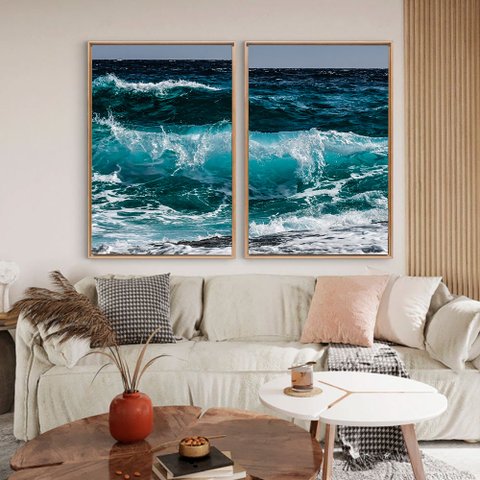 Quadro Decorativo Oceano em 2 Telas Canvas Tacolado Moldura Flutuante 4,5cm Freijó 80 X 120cm