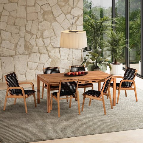 Conjunto 6 Cadeira 1 Mesa 180cm - Varanda Coberta/Área Gourmet Traço Preto/Stain Jatobá/Corda